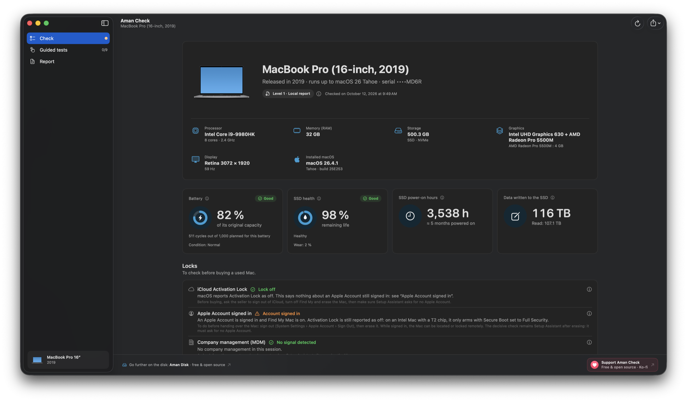 Aman Check window on a MacBook Pro 16-inch 2019: processor, memory, storage and graphics, then battery at 82% of its original capacity, SSD health 98%, and the Locks section.