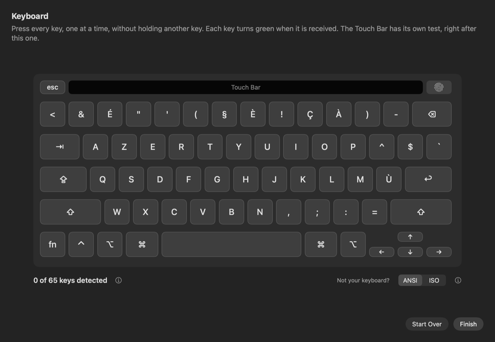 Keyboard test: a drawing of the MacBook keyboard where each key turns green when pressed, 0 of 65 keys detected, with an ANSI/ISO switch.