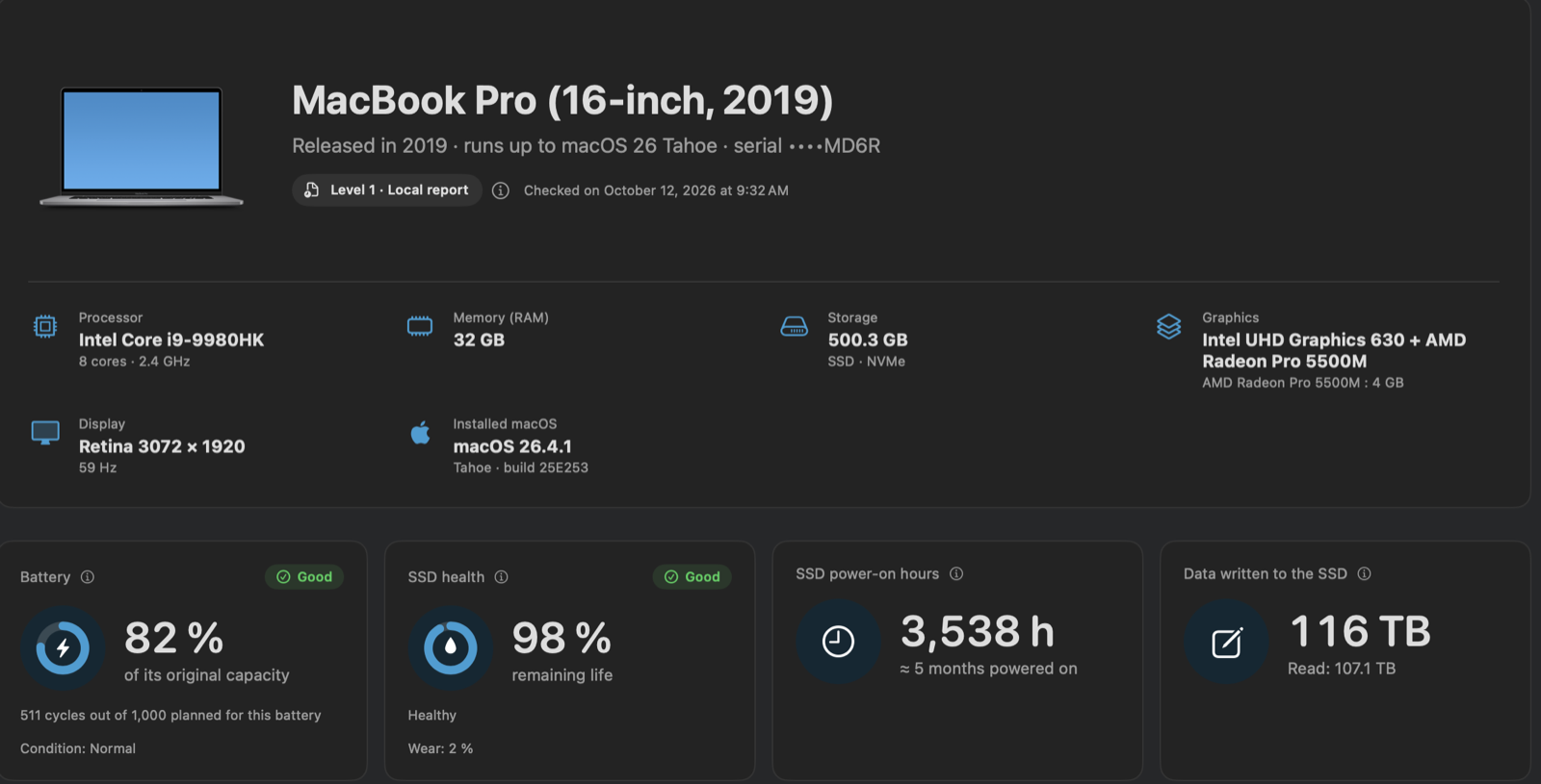 Overview: MacBook Pro 16-inch 2019, Intel Core i9, 32 GB, 500 GB NVMe SSD, battery 82% after 511 cycles, SSD health 98%, 3,538 hours powered on, 116 TB written.