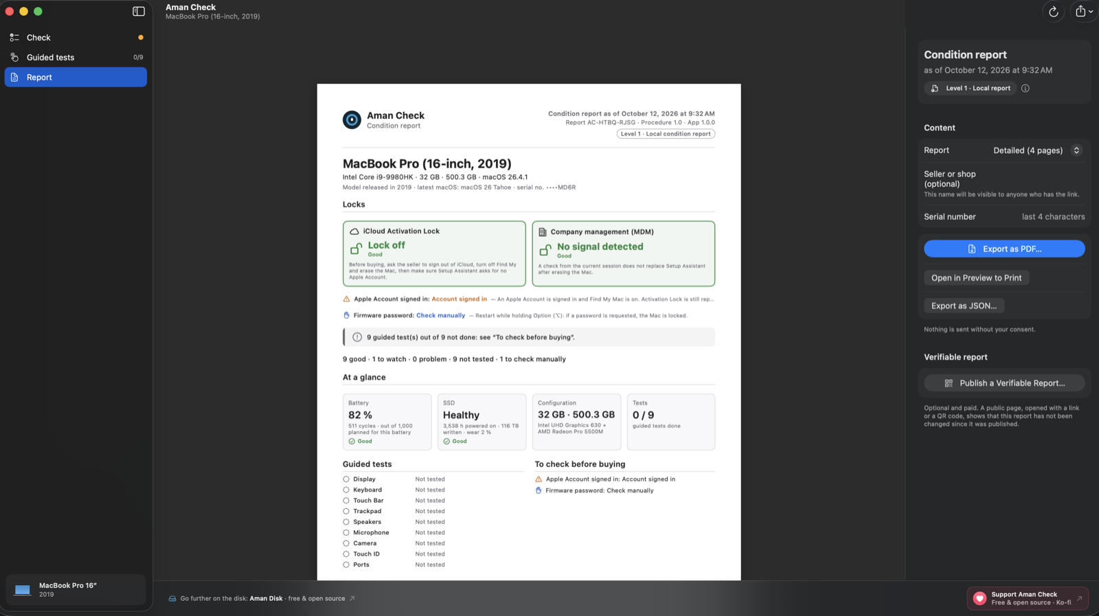 Report screen: the PDF preview with locks, at-a-glance tiles and guided tests, and the export buttons for PDF and JSON.